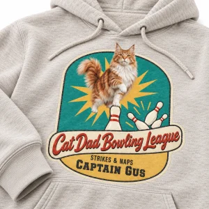 Close-up of the Cat Dad Bowling League Hoodie print showing the cat's fur detail and pullover hoodie