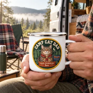 Cat Dad Camp Counselor Enamel Mug styled in a lifestyle scene – a camper-van side door with a folding chair and a plaid blanket, morning mist over pines