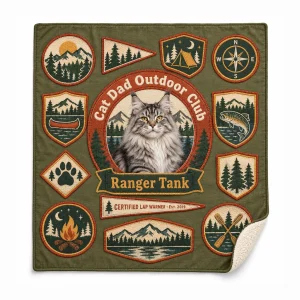 Cat dad blanket for men – Cat Dad Camp Patch Blanket with a silver tabby Maine Coon and the text "Cat Dad Outdoor Club", "Ranger Tank", "Certified Lap Warmer · Est. 2019", product photo on a white background