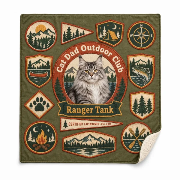 Cat dad blanket for men – Cat Dad Camp Patch Blanket with a silver tabby Maine Coon and the text "Cat Dad Outdoor Club", "Ranger Tank", "Certified Lap Warmer · Est. 2019", product photo on a white background
