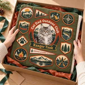 Hands unwrapping the Cat Dad Camp Patch Blanket from a kraft gift box