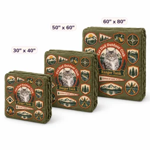The Cat Dad Camp Patch Blanket in 30" x 40" and 50" x 60" and 60" x 80" sizes side by side
