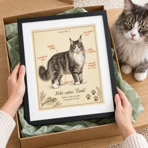 Hands unwrapping the Cat Dad Field Guide Framed Print from a kraft gift box