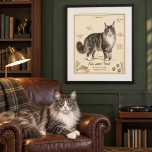 Cat Dad Field Guide Framed Print styled in a lifestyle scene – the framed print on a dark green study wall above a leather armchair with a reading lamp and a record player, warm afternoon light