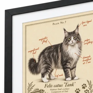 Close-up of the Cat Dad Field Guide Framed Print print showing the cat's fur detail and framed print