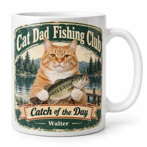 Cat dad mug – Cat Dad Fishing Club Mug with a big orange tabby and the text "Cat Dad Fishing Club", "Catch of the Day", "Walter", product photo on a white background