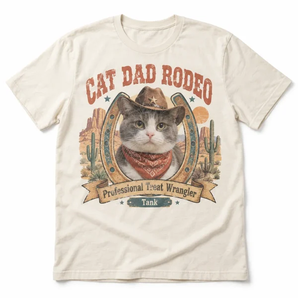 Custom cat dad shirt – Cat Dad Rodeo Shirt with a big gray-and-white domestic shorthair and the text "CAT DAD RODEO", "Professional Treat Wrangler", "Tank", product photo on a white background