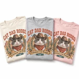 The Cat Dad Rodeo Shirt in three colors: natural, athletic heather gray and soft pink