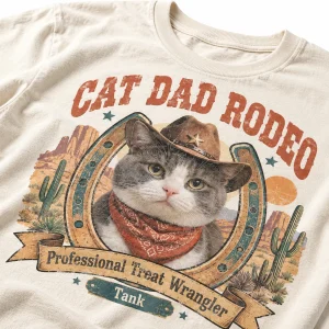 Close-up of the Cat Dad Rodeo Shirt print showing the cat's fur detail and the cotton texture