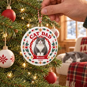 Cat Dad Scandinavian Folk Christmas Ornament styled in a lifestyle scene – hanging on a natural fir tree with plain red and white wooden ornaments, warm afternoon cabin light, a man's hand adjusting it