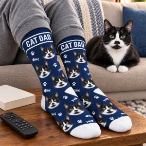 Cat Dad Socks styled in a lifestyle scene – a man's feet in the socks on a coffee table next to a game controller and a bowl of popcorn