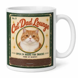 Custom cat dad mug – Cat Dad Vintage Matchbook Mug with a big orange-and-white British Shorthair and the text "Cat Dad Lounge", "Open 24 Hours for Snacks", "Home of Murphy", product photo on a white background