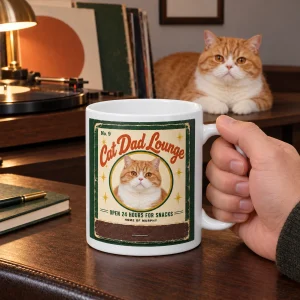 Cat Dad Vintage Matchbook Mug styled in a lifestyle scene – a man's dark wood desk with a record player and vinyl sleeves (blank art), lamp light in the evening