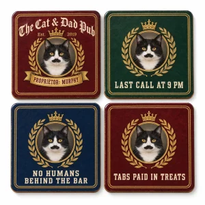 Cat dad coaster – Cat Dad's Pub Coaster Set with a black-and-white tuxedo cat and the text "The Cat & Dad Pub", "Est. 2019", "Proprietor: Murphy", product photo on a white background