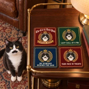 Cat Dad's Pub Coaster Set styled in a lifestyle scene – the coasters on a dark walnut bar cart in a cozy den, one holding a glass of iced tea, warm lamp light