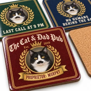 Close-up of the Cat Dad's Pub Coaster Set print showing the cat's fur detail and coaster set