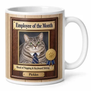 Funny custom cat mug – Cat Employee of the Month Mug with a chunky gray tabby and the text "Employee of the Month", "Head of Napping & Keyboard Sitting", "Pickles", product photo on a white background