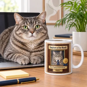 Cat Employee of the Month Mug styled in a lifestyle scene – a home-office desk