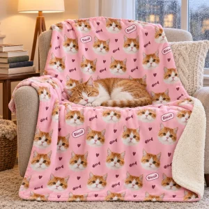 Cat Face Pattern Blanket styled in a lifestyle scene – a cozy reading nook
