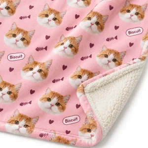 Close-up of the Cat Face Pattern Blanket print showing the cat's fur detail and the plush fleece