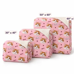 The Cat Face Pattern Blanket in 30" x 40" and 50" x 60" and 60" x 80" sizes side by side