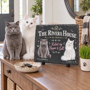 Cat Family House Name Slate Sign styled in a lifestyle scene – a front entry console with a key bowl, a small cat-grass pot and a woven basket of scarves, soft daylight from the door