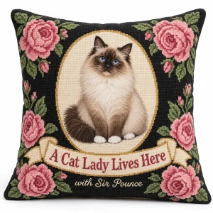 Cat lady pillow – Cat Lady Needlepoint Photo Pillow with a Birman and the text "A Cat Lady Lives Here", "with Sir Pounce", product photo on a white background