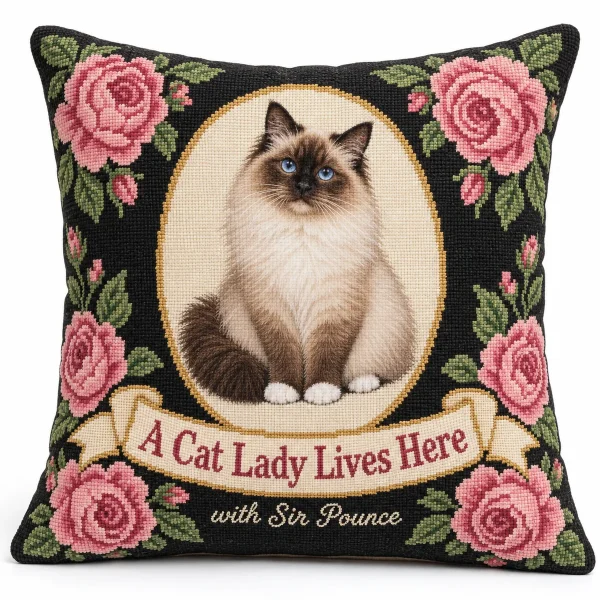 Cat lady pillow – Cat Lady Needlepoint Photo Pillow with a Birman and the text "A Cat Lady Lives Here", "with Sir Pounce", product photo on a white background