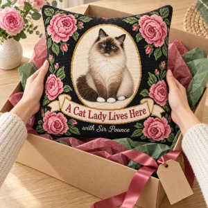 Hands unwrapping the Cat Lady Needlepoint Photo Pillow from a kraft gift box