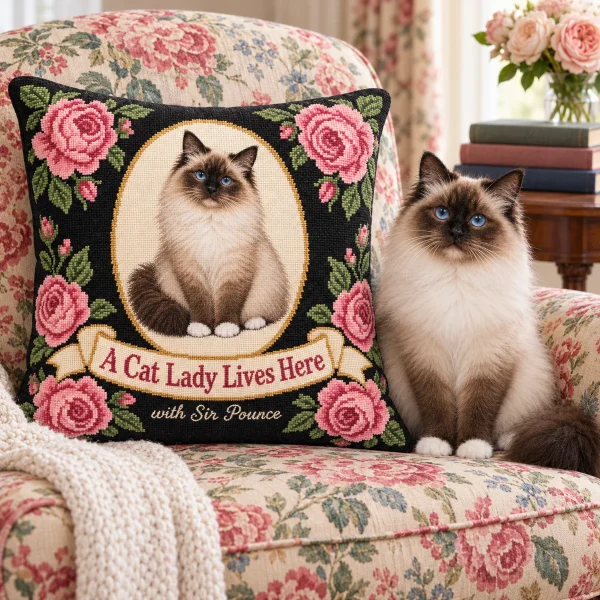 Custom cat photo pillows shown with a real cat
