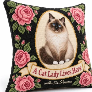 Close-up of the Cat Lady Needlepoint Photo Pillow print showing the cat's fur detail and the flannel texture