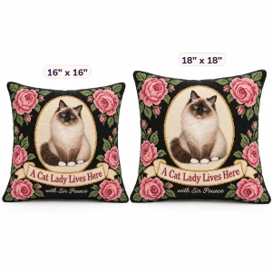 The Cat Lady Needlepoint Photo Pillow in 16" x 16" and 18" x 18" sizes side by side