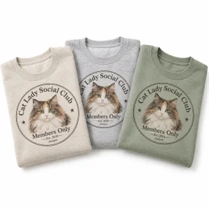 The Cat Lady Social Club Sweatshirt in three colors: heather sand, sport gray and sage green