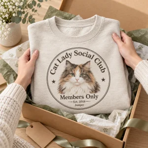 Hands unwrapping the Cat Lady Social Club Sweatshirt from a kraft gift box
