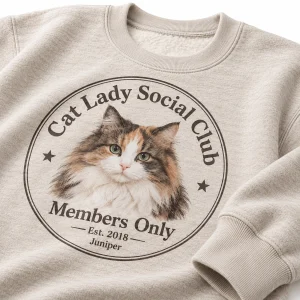 Close-up of the Cat Lady Social Club Sweatshirt print showing the cat's fur detail and the soft fleece