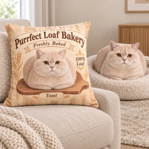 Cat Loaf Bakery Pillow styled in a lifestyle scene – a sunny kitchen bench with a linen cushion, sourdough loaves on a board