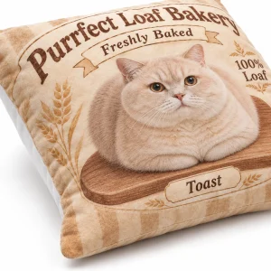 Close-up of the Cat Loaf Bakery Pillow print showing the cat's fur detail and the flannel texture