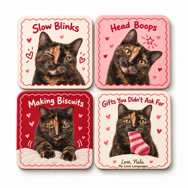 Valentine cat coasters – Cat Love Languages Valentine Coaster Set with a tortoiseshell cat and the text "Slow Blinks", "Head Boops", "Making Biscuits", product photo on a white background