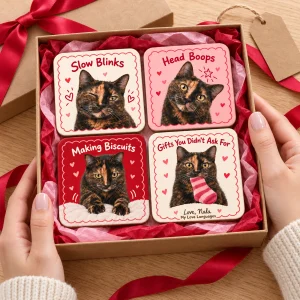 Hands unwrapping the Cat Love Languages Valentine Coaster Set from a kraft gift box