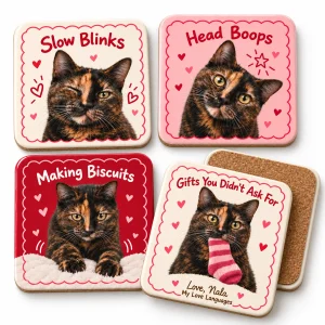 Close-up of the Cat Love Languages Valentine Coaster Set print showing the cat's fur detail and coaster set