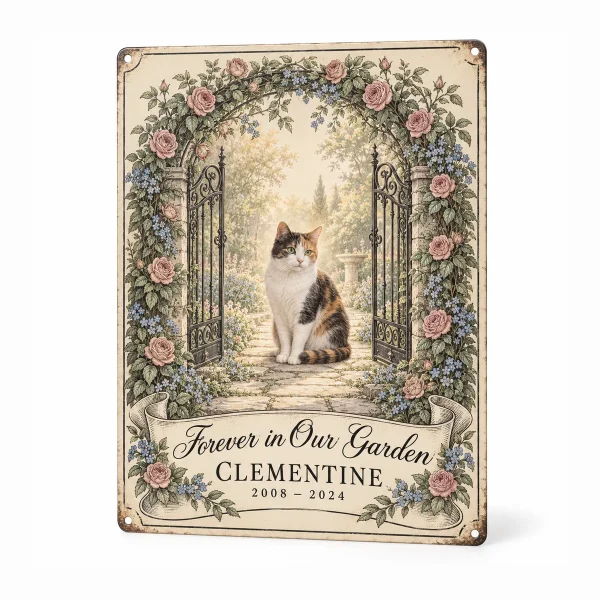 Cat memorial metal sign – Cat Memorial Garden Gate Metal Sign with a calico and the text "Forever in Our Garden", "Clementine", "2008 – 2024", product photo on a white background