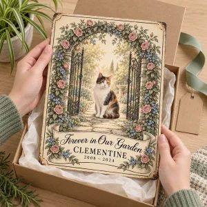 Hands unwrapping the Cat Memorial Garden Gate Metal Sign from a kraft gift box