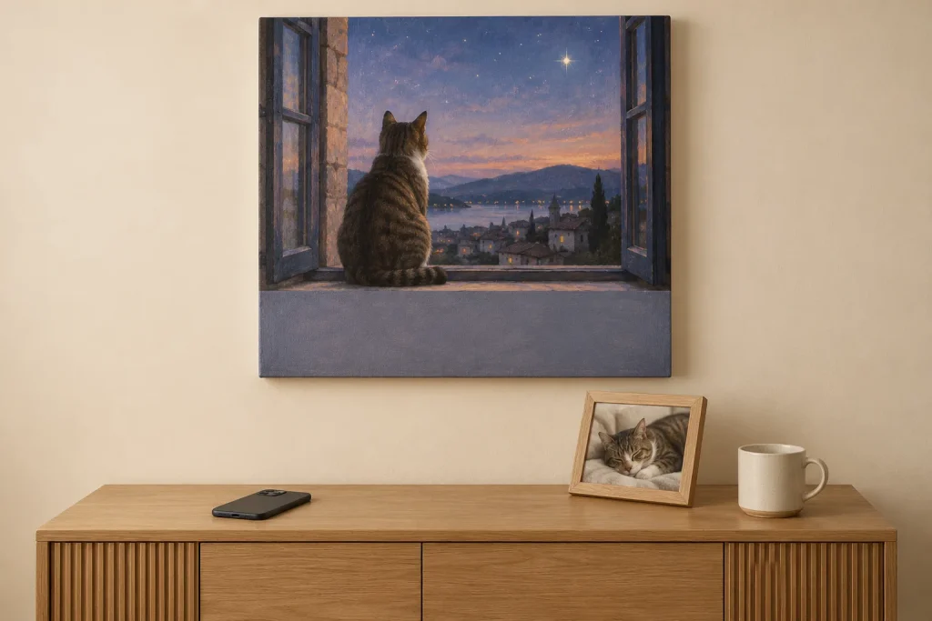 Cat memorial canvas of a tabby at an open window under a starry dusk sky above a console table