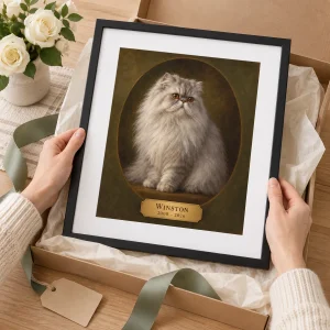Hands unwrapping the Cat Memorial Oil Portrait Framed Print from a kraft gift box