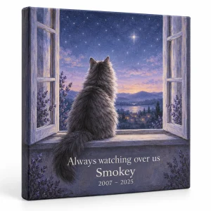 Cat memorial canvas – Cat Memorial Window Canvas with a fluffy gray long-haired cat and the text "Always watching over us", "Smokey", "2007 – 2025", product photo on a white background