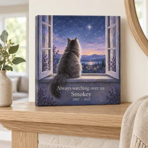 Cat Memorial Window Canvas styled in a lifestyle scene – the canvas on a calm bedroom shelf with a small plant (calathea) and folded linen, soft daylight