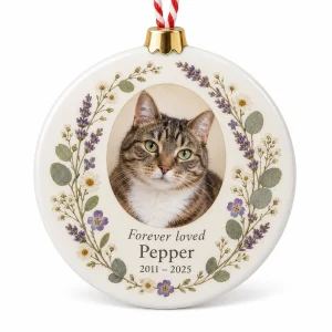 Cat memorial ornament – Cat Memorial Wreath Ornament with a brown tabby and the text "Forever loved", "Pepper", "2011 – 2025", product photo on a white background