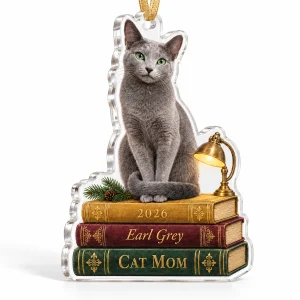 Close-up of the Cat Mom Bookstack Christmas Ornament print showing the cat's fur detail and the polished acrylic edge