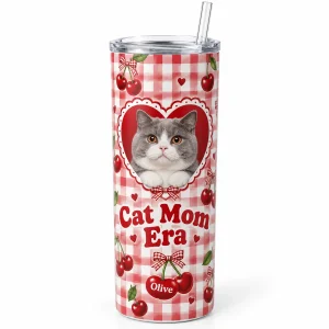 Cat mom tumbler – Cat Mom Cherry Gingham Tumbler with a gray-and-white British Shorthair and the text "Cat Mom Era", "Olive", product photo on a white background