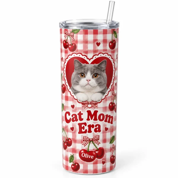 Cat mom tumbler – Cat Mom Cherry Gingham Tumbler with a gray-and-white British Shorthair and the text "Cat Mom Era", "Olive", product photo on a white background